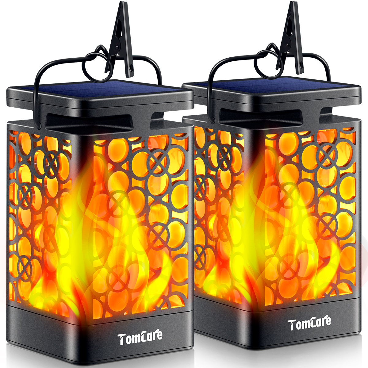 TomCare Solar Lights Upgraded Solar Lantern Flickering Flame Outdoor Hanging Lantern Decorative Lighting Solar Powered Waterproof LED Flame Umbrella Lights for Patio Garden Deck Yard, 2 Pack