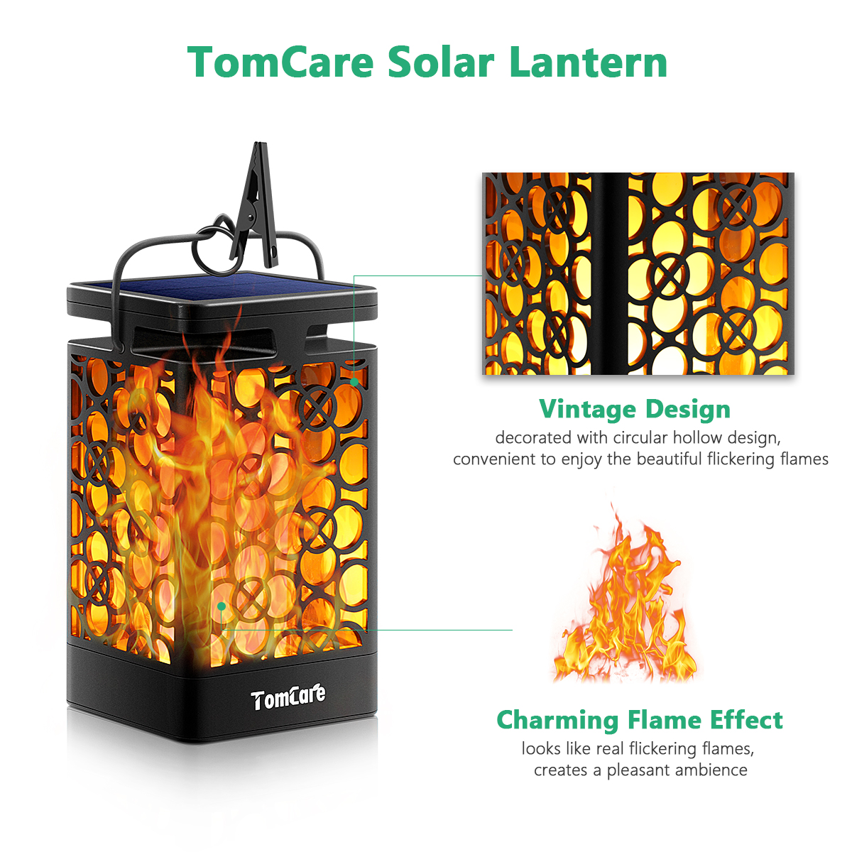 TomCare Solar Lights Upgraded Solar Lantern Flickering Flame Outdoor Hanging Lantern Decorative Lighting Solar Powered Waterproof LED Flame Umbrella Lights for Patio Garden Deck Yard, 2 Pack