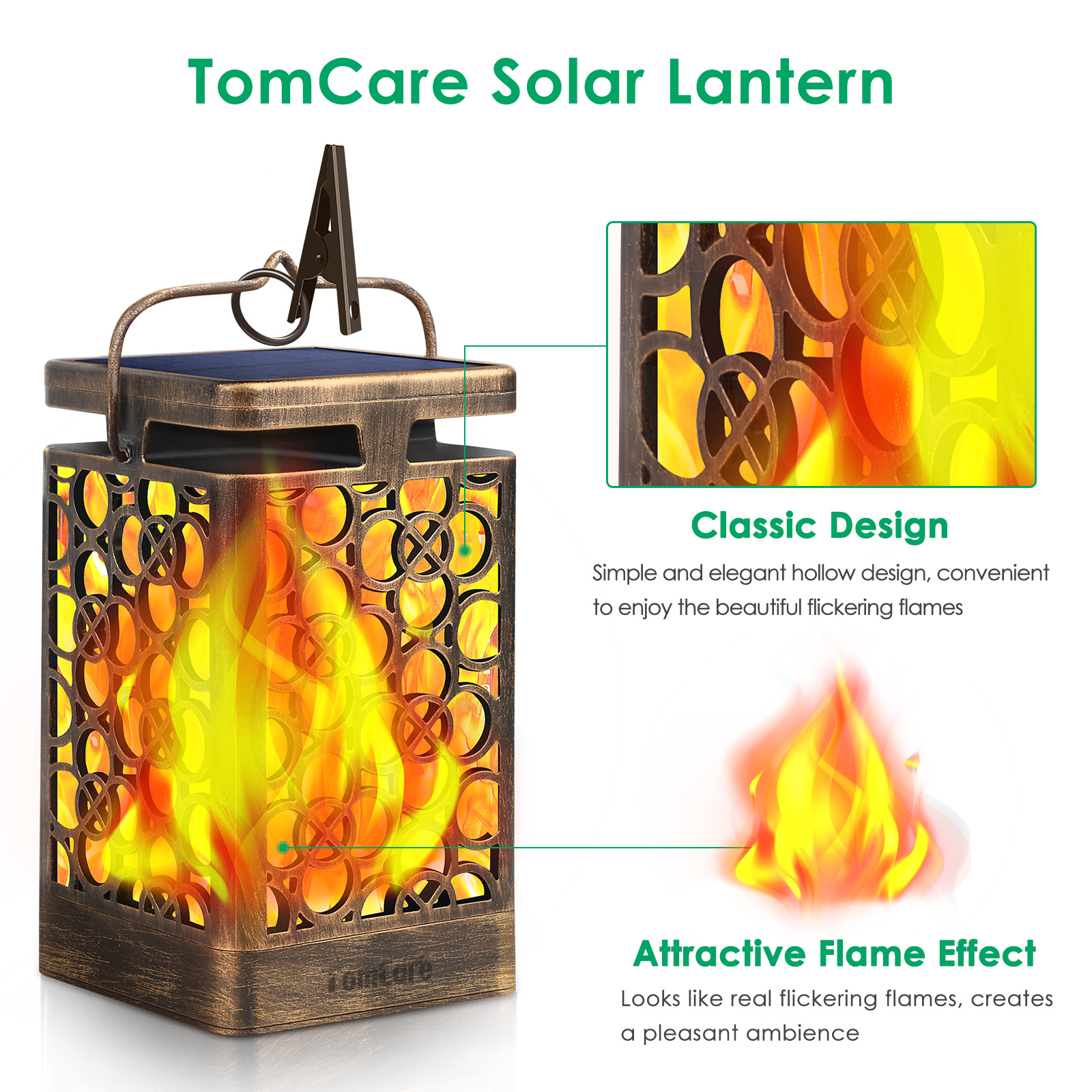  TomCare Solar Lights Upgraded Solar Lantern Flickering Flame Outdoor Hanging Lantern Decorative Lighting Solar Powered Waterproof LED Flame Umbrella Lights for Patio Garden Deck Yard, 2 Pack (Bronze)