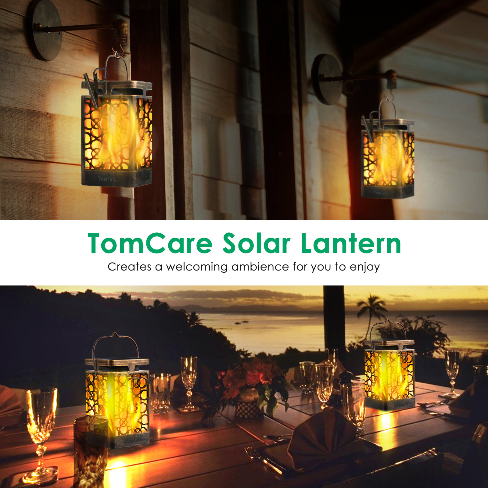  TomCare Solar Lights Upgraded Solar Lantern Flickering Flame Outdoor Hanging Lantern Decorative Lighting Solar Powered Waterproof LED Flame Umbrella Lights for Patio Garden Deck Yard, 2 Pack (Bronze)