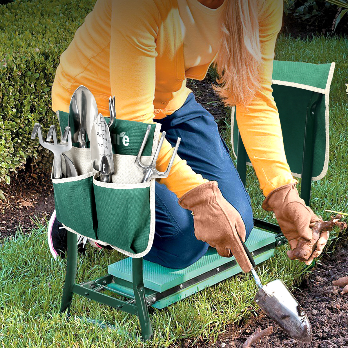 TomCare Upgraded Garden Kneeler Seat Widen Soft Kneeling Pad Garden Tools Stools Garden Bench with 2 Large Tool Pouches Outdoor Foldable Sturdy Gardening Tools for Gardeners, Green