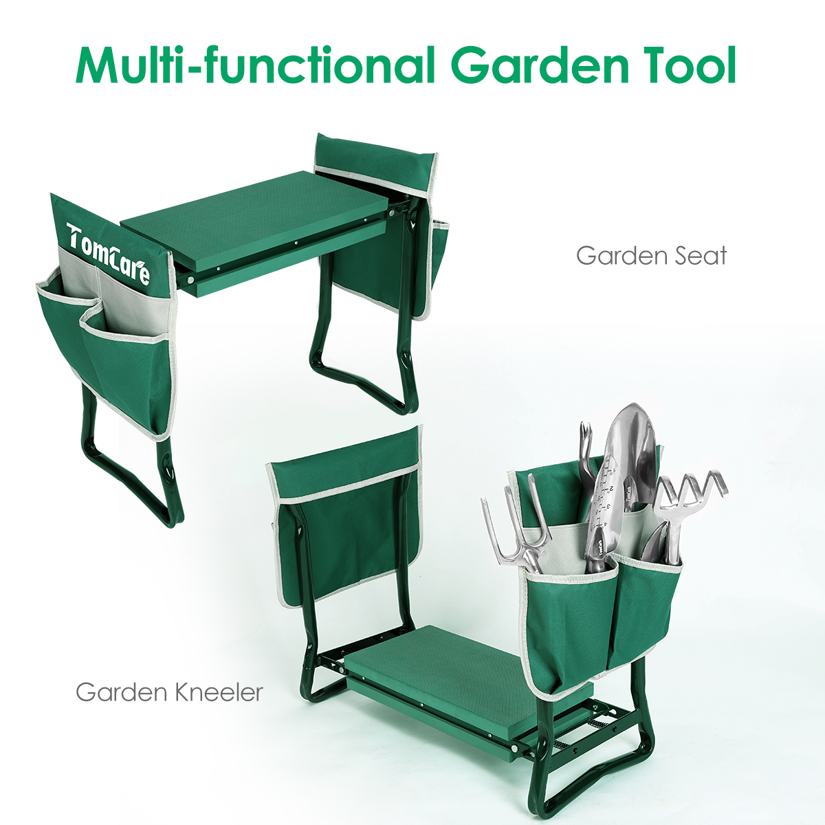 TomCare Upgraded Garden Kneeler Seat Widen Soft Kneeling Pad Garden Tools Stools Garden Bench with 2 Large Tool Pouches Outdoor Foldable Sturdy Gardening Tools for Gardeners, Green