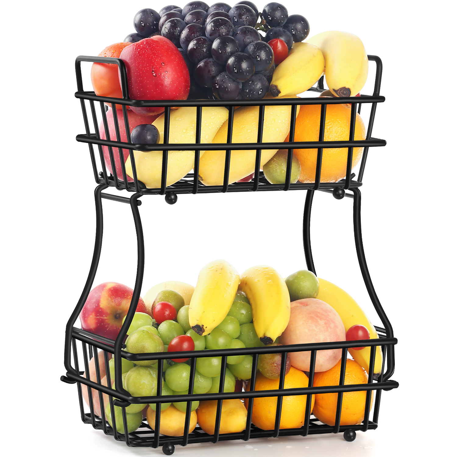 TomCare 2-Tier Fruit Basket Metal Fruit Bowl Bread Baskets Detachable Fruit Holder Kitchen Storage Baskets Stand - Screws Free Design for Fruits Breads Vegetables Snacks, Black