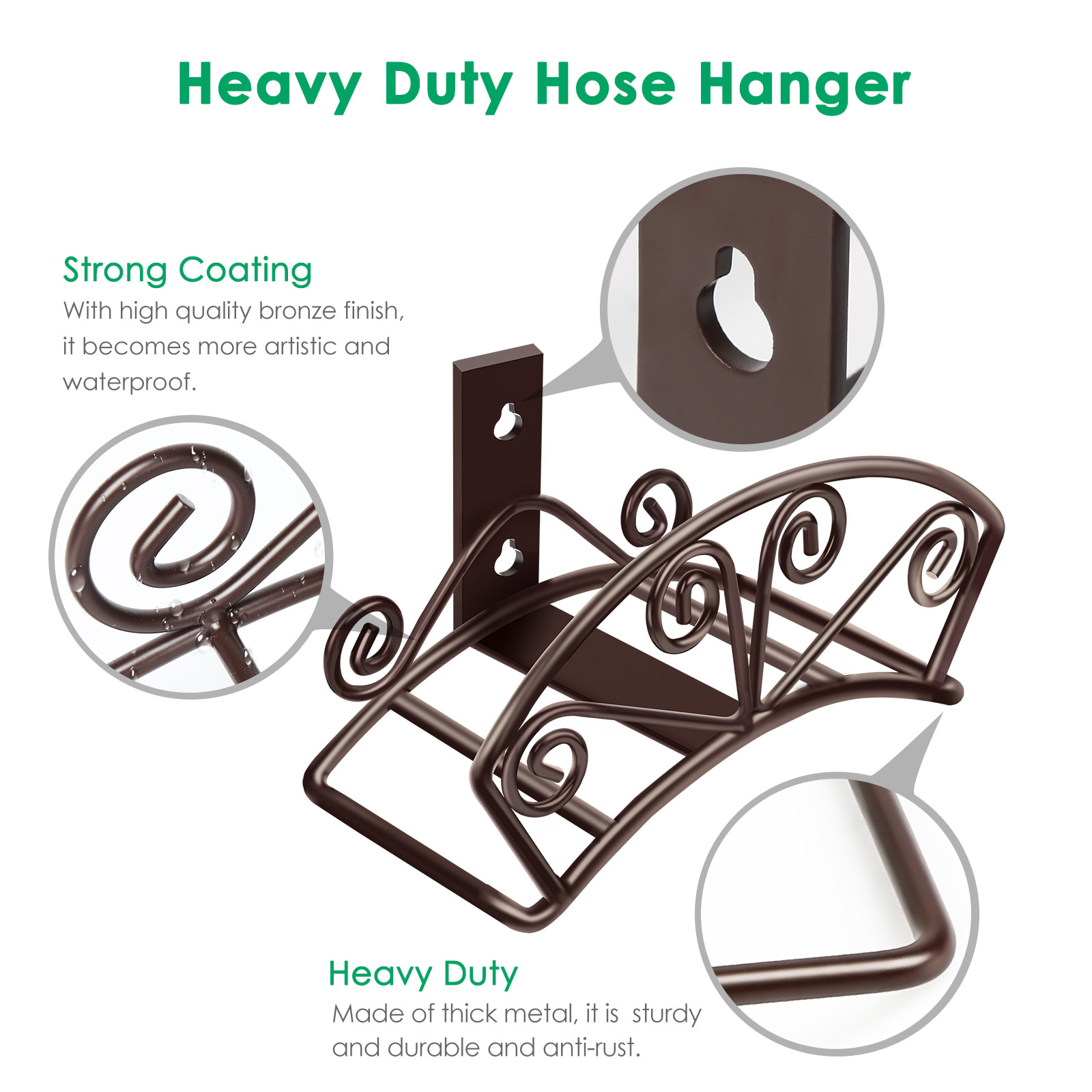 TomCare Garden Hose Holder Heavy Duty Water Hose Holder Solid Metal Hose Hanger Wall Mount Decorative Durable Garden Hose Storage Hose Reel Hose Stand Hose Organizer for Outside Yard, Bronze