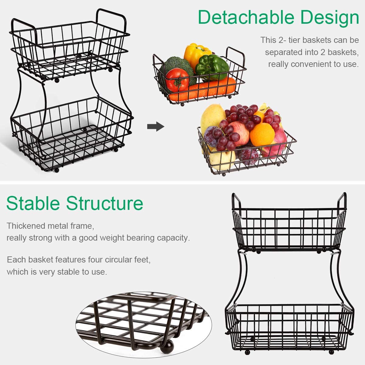 Kitchen and Office Vegetables Metal Bread Storage Basket Stand with Free Screws for Fruit Home Snacks Oakome 2 Tier Fruit Baskets 