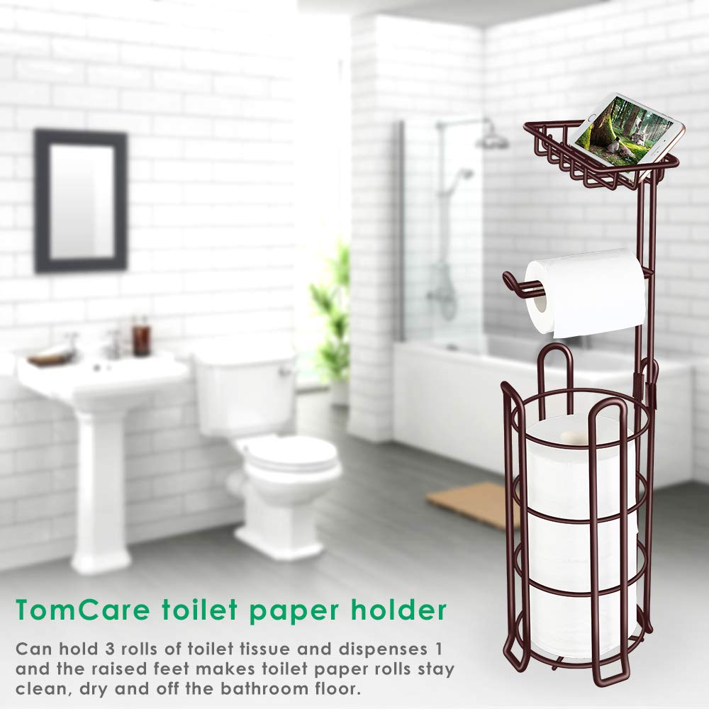 TomCare Toilet Paper Holder Toilet Paper Stand 4 Raised Feet Bathroom Accessories Portable Tissue Paper Dispenser Reserve Free Standing Toilet Paper Roll Storage Shelf Bathroom Bronze