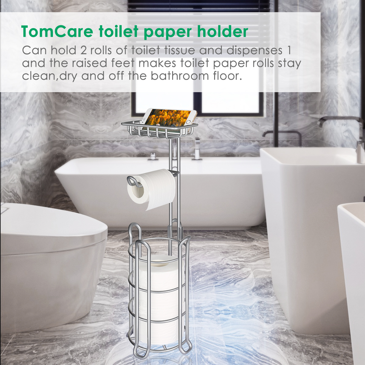 TomCare Toilet Paper Holder Toilet Paper Stand with 4 Raised Feet Metal Bathroom Accessories Tissue Paper Dispenser Free Standing Toilet Paper Roll with Storage Shelf Bathroom Storage Organization