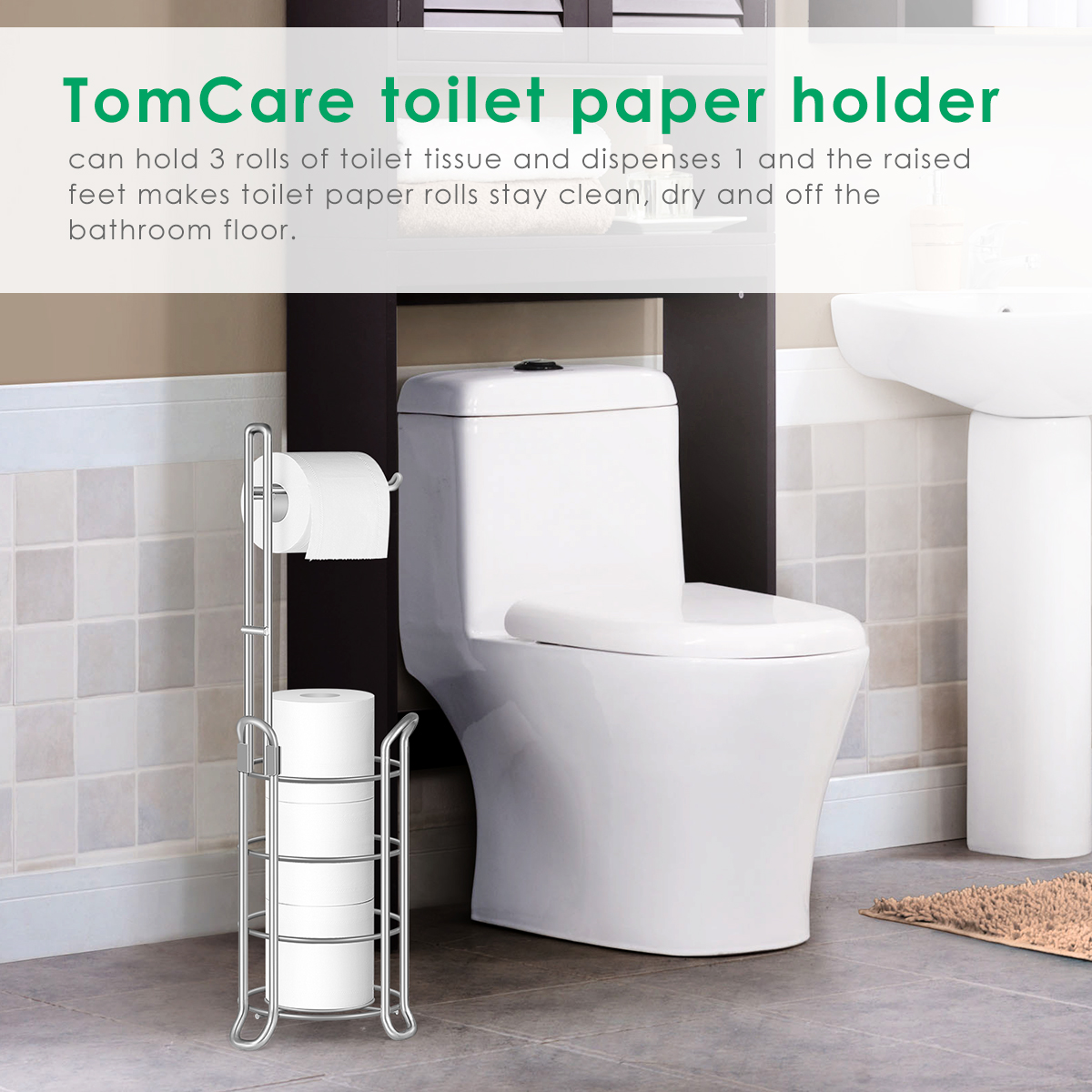 TomCare Toilet Paper Holder Toilet Paper Stand Free-Standing Toilet Tissue Paper Roll Bathroom Storage Shelf and Dispenser for 3 Spare Rolls Metal Wire Bathroom Accessories Storage Organizer Silver