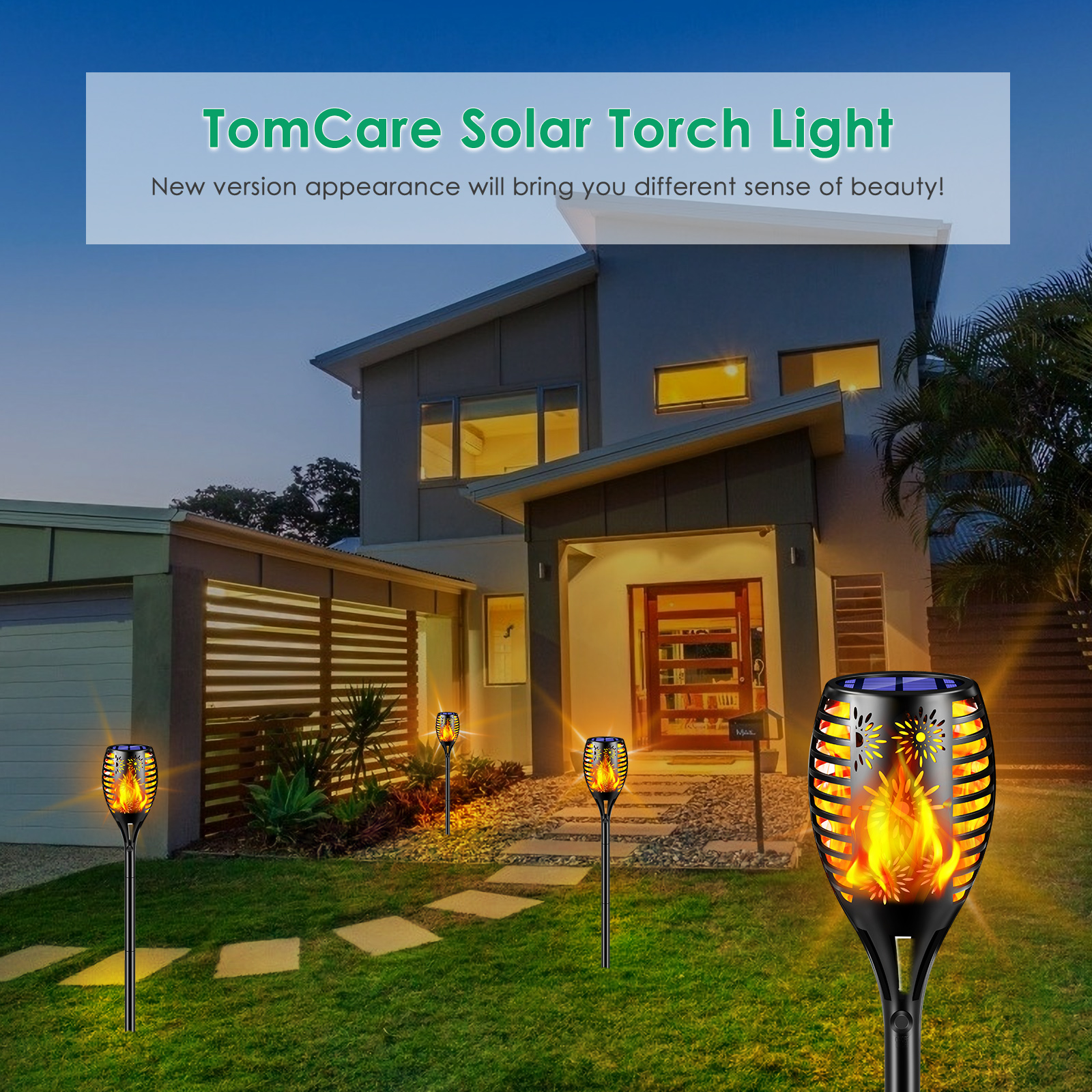 TomCare Solar Lights Outdoor Flickering Flame Solar Torches Lights Outdoor Lighting Solar Powered Waterproof Pathway Lights Landscape Decorative Lighting Auto On/Off for Garden Patio Yard, 4 Pack