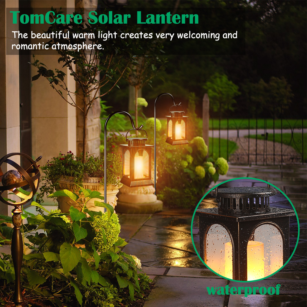 TomCare Solar Lights Flickering Flame Metal Solar Lantern Outdoor Hanging Decorative Lanterns Lighting Heavy Duty Solar Powered Waterproof Umbrella Lights for Patio Garden Deck Yard, 2 Pack (Bronze)