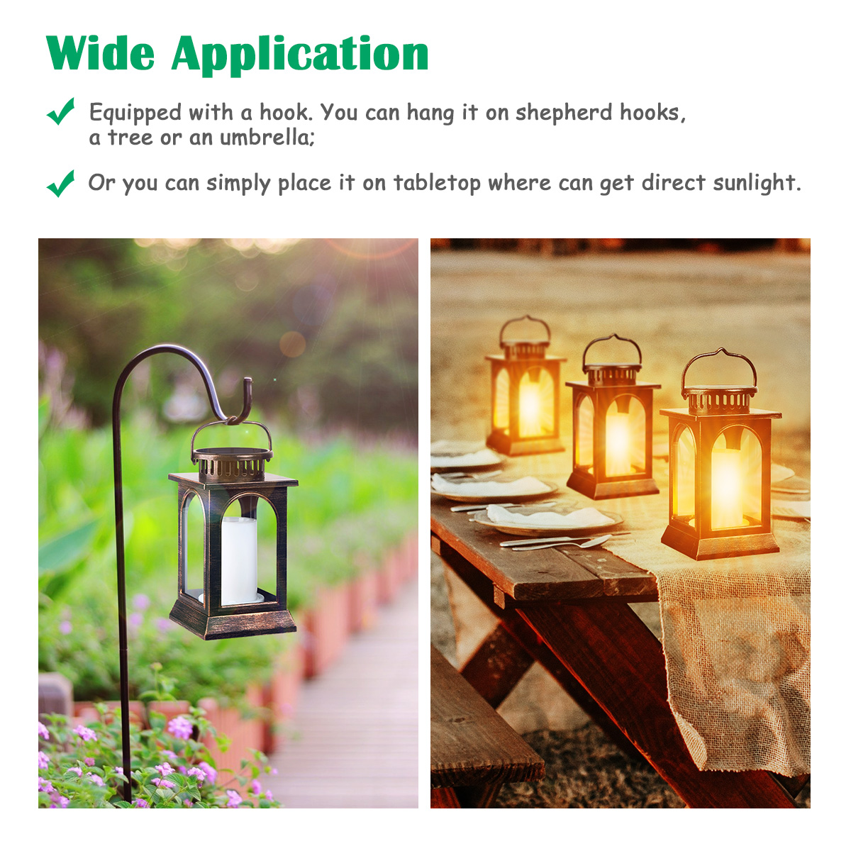 TomCare Solar Lights Flickering Flame Metal Solar Lantern Outdoor Hanging Decorative Lanterns Lighting Heavy Duty Solar Powered Waterproof Umbrella Lights for Patio Garden Deck Yard, 2 Pack (Bronze)