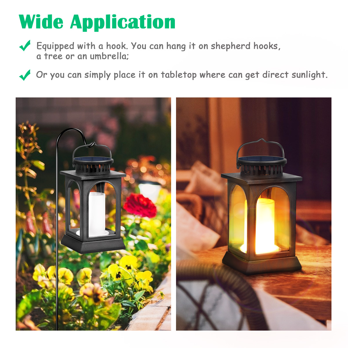 TomCare Solar Lights Flickering Flame Metal Solar Lantern Outdoor Hanging Decorative Lanterns Lighting Heavy Duty Solar Powered Waterproof Umbrella Lights for Patio Garden Deck Yard, 2 Pack (Black)