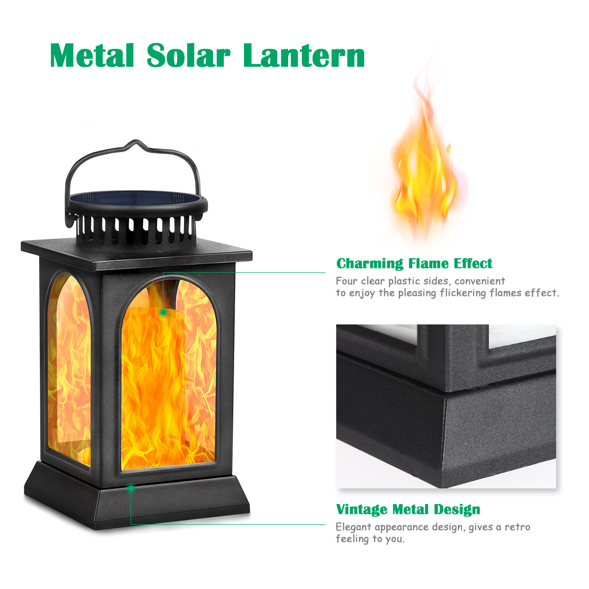 TomCare Solar Lights Flickering Flame Metal Solar Lantern Outdoor Hanging Decorative Lanterns Lighting Heavy Duty Solar Powered Waterproof Umbrella Lights for Patio Garden Deck Yard, 2 Pack (Black)