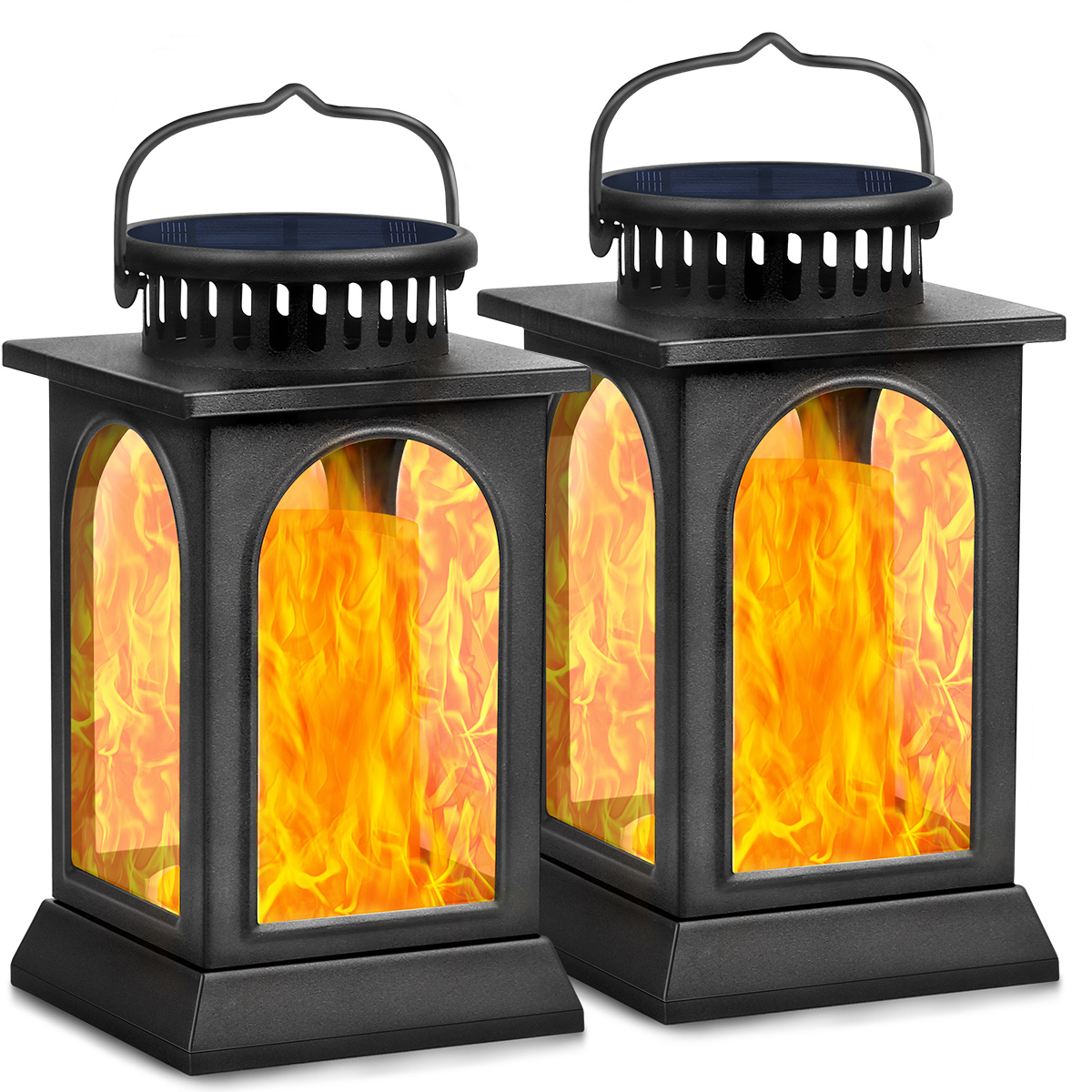 TomCare Solar Lights Flickering Flame Metal Solar Lantern Outdoor Hanging Decorative Lanterns Lighting Heavy Duty Solar Powered Waterproof Umbrella Lights for Patio Garden Deck Yard, 2 Pack (Black)