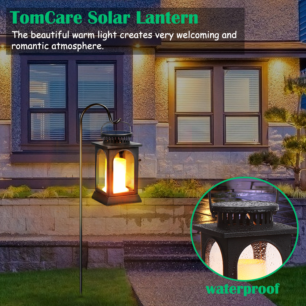 TomCare Solar Lights Flickering Flame Metal Solar Lantern Outdoor Hanging Decorative Lanterns Lighting Heavy Duty Solar Powered Waterproof Umbrella Lights for Patio Garden Deck Yard, 2 Pack (Black)