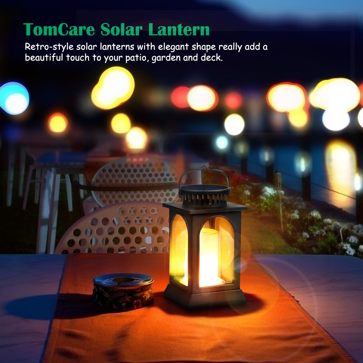 TomCare Solar Lights Flickering Flame Metal Solar Lantern Outdoor Hanging Decorative Lanterns Lighting Heavy Duty Solar Powered Waterproof Umbrella Lights for Patio Garden Deck Yard, 2 Pack (Black)