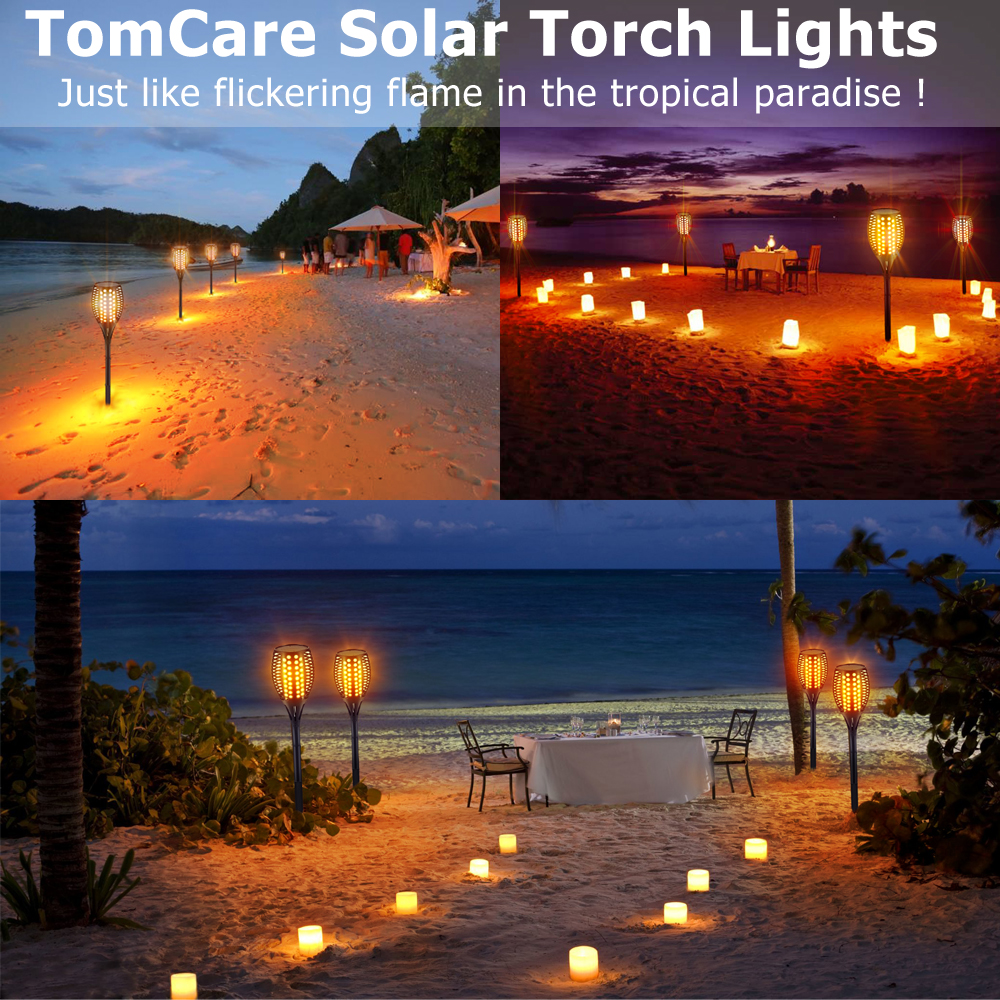 TomCare Solar Lights Upgraded, 43" Waterproof Flickering Flames 96 LED Torches Lights Outdoor Solar Landscape Decoration Lighting Auto On/Off Pathway Lights for Garden Patio Driveway, Black(4)