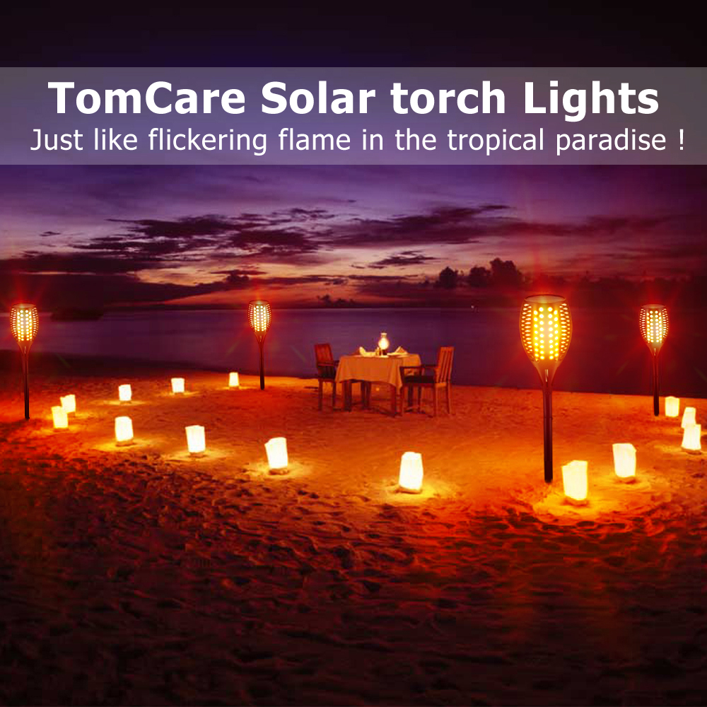 TomCare Solar Lights Upgraded, 43" Waterproof Flickering Flames 96 LED Torches Lights Outdoor Solar Landscape Decoration Lighting Auto On/Off Pathway Lights for Garden Patio Driveway, Black(4)