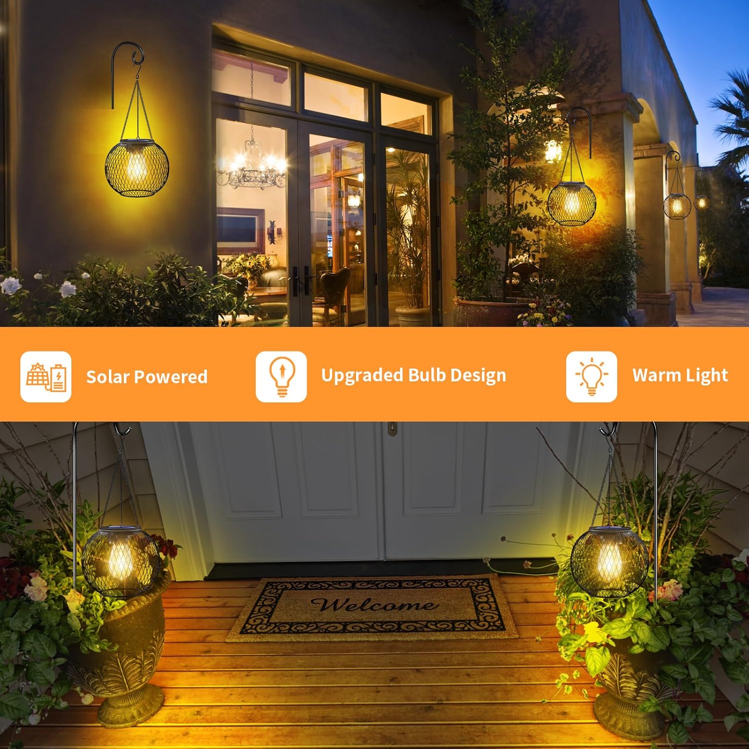 TomCare Solar Lanterns Lights Outdoor Waterproof Metal Hanging Solar Powered Lights for Outside Decorative Lanterns for Garden Yard Patio Pathway, 4 Pack