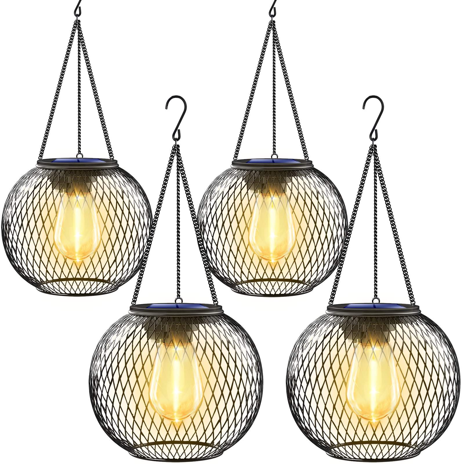 TomCare Solar Lanterns Lights Outdoor Waterproof Metal Hanging Solar Powered Lights for Outside Decorative Lanterns for Garden Yard Patio Pathway, 4 Pack