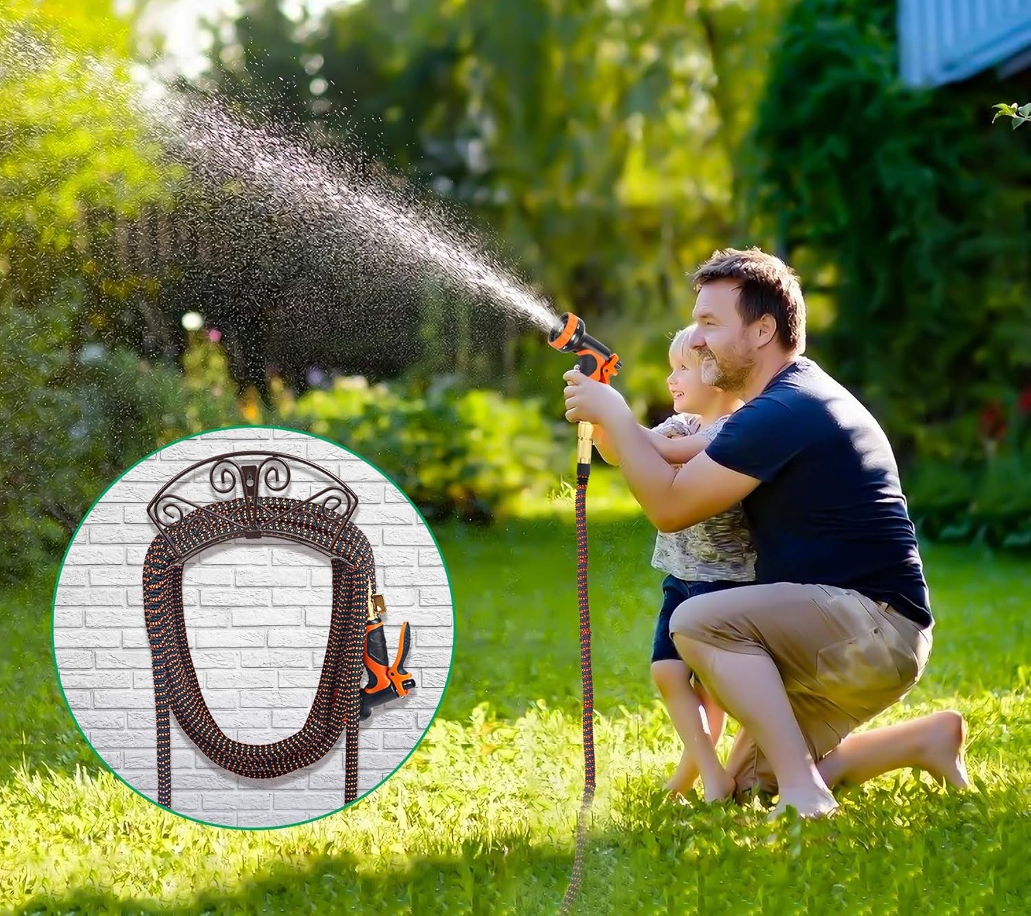 TomCare Garden Hose Holder Heavy Duty Water Hose Holder Holds 150 FT Hoses Solid Metal Hoses Hanger Wall Mount Decorative Durable Garden Hoses Storage Hose Reel Hose Organizer for Outside Yard, Black